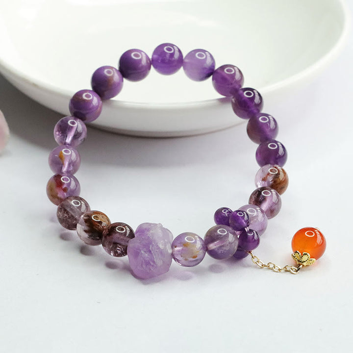 Pulsera de conciencia espiritual con Buddha Stones, amatista natural, púrpura, piedra fantasma