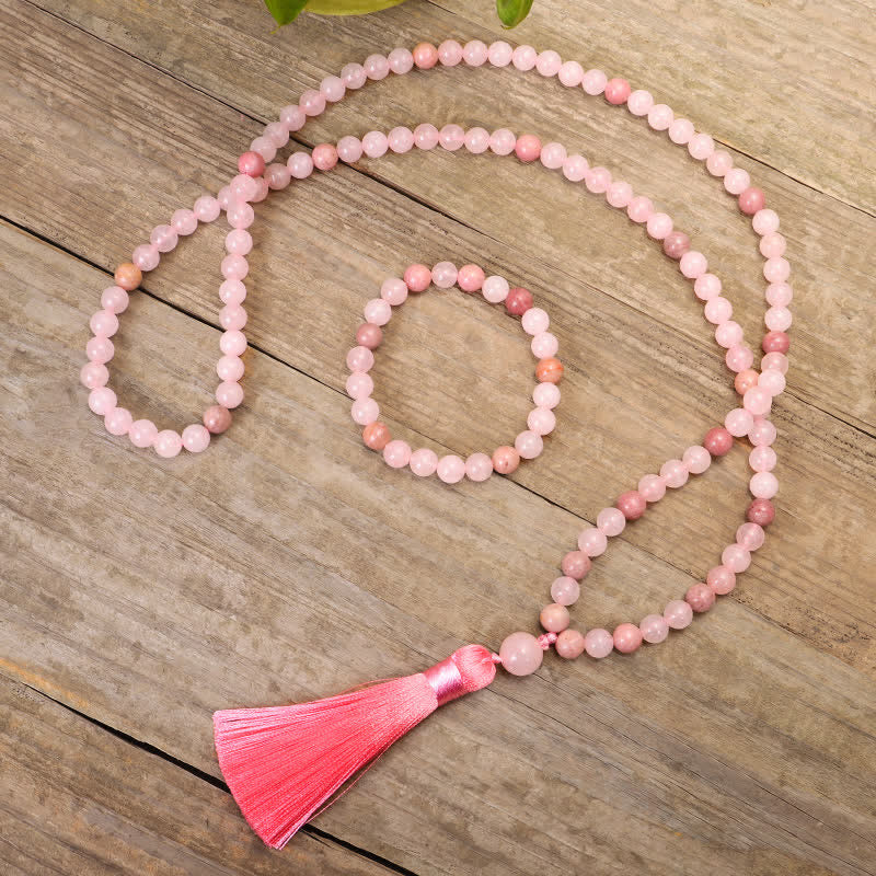 Pulsera con borlas de amor de cristal rosa de 108 cuentas Mala