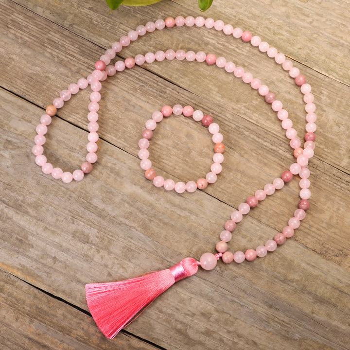 Pulsera con borlas de amor de cristal rosa de 108 cuentas Mala