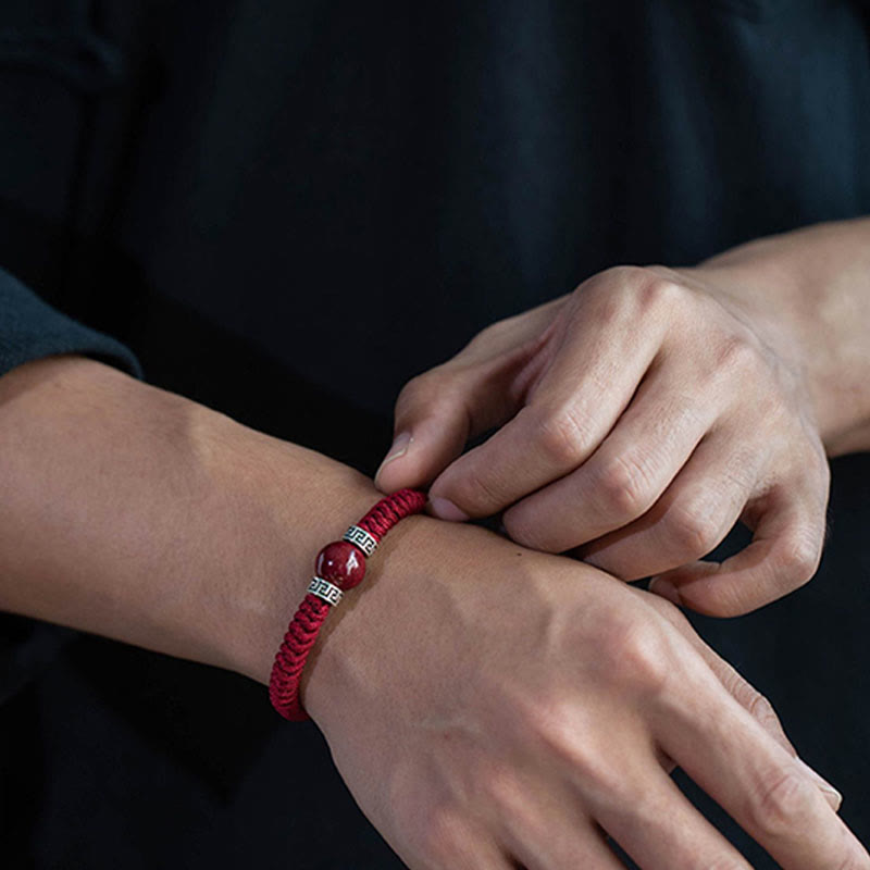 Pulsera de hilo trenzado hecha a mano con cuentas de cinabrio natural de plata de ley 925 con Buddha Stones