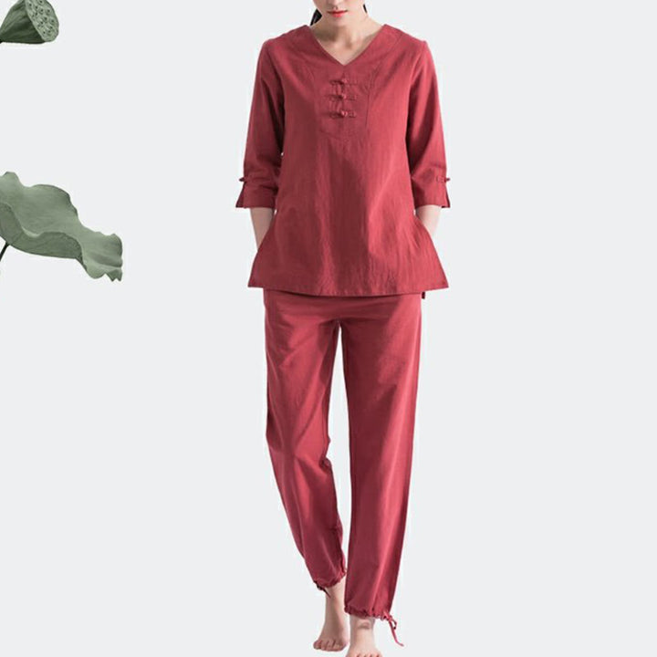 Conjunto de ropa de lino y algodón con diseño de cuello en V para mujer, uniforme de práctica Zen, Buddha Stones, Yoga, meditación y oración - image 14