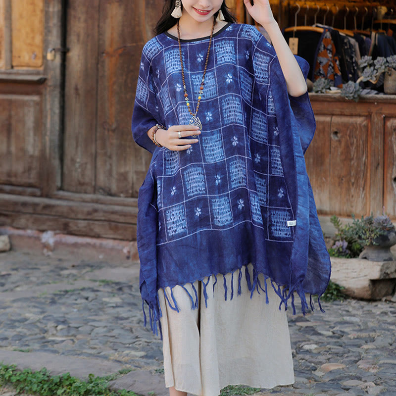Jersey suave con borlas y chal a cuadros con bloques de Color azul de Buddha Stones 90*95cm
