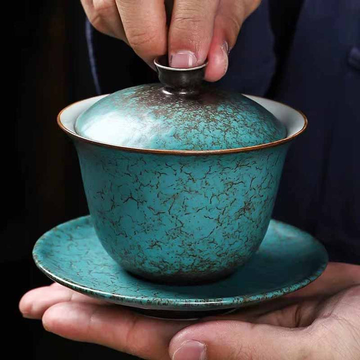 Taza de té y platillo con tapa, Gaiwan Sancai de cerámica verde, pino tradicional, Buddha Stones , Kung Fu