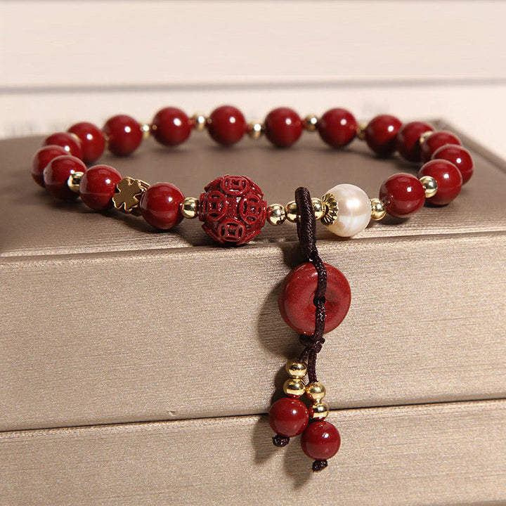 Pulsera de bendición con dije de moneda de cobre con hebilla de paz de cinabrio Natural con Buddha Stones