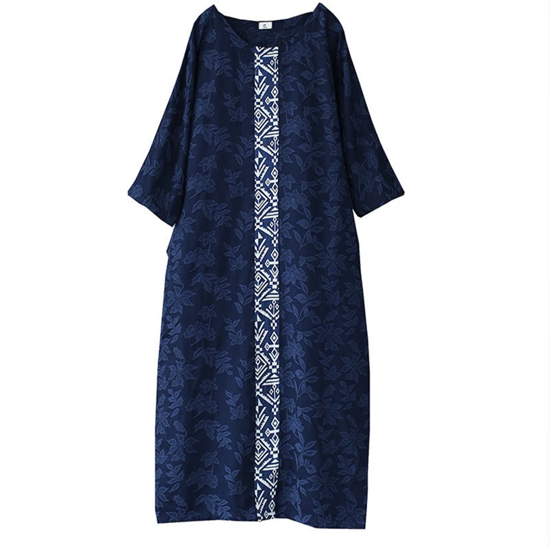 Vestido midi de jacquard con bordado de flores azules y Buddha Stones Vestido de algodón con manga tres cuartos y bolsillos