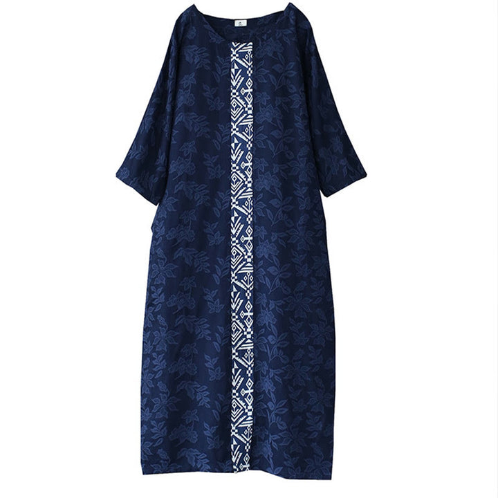 Vestido midi de jacquard con bordado de flores azules y Buddha Stones Vestido de algodón con manga tres cuartos y bolsillos