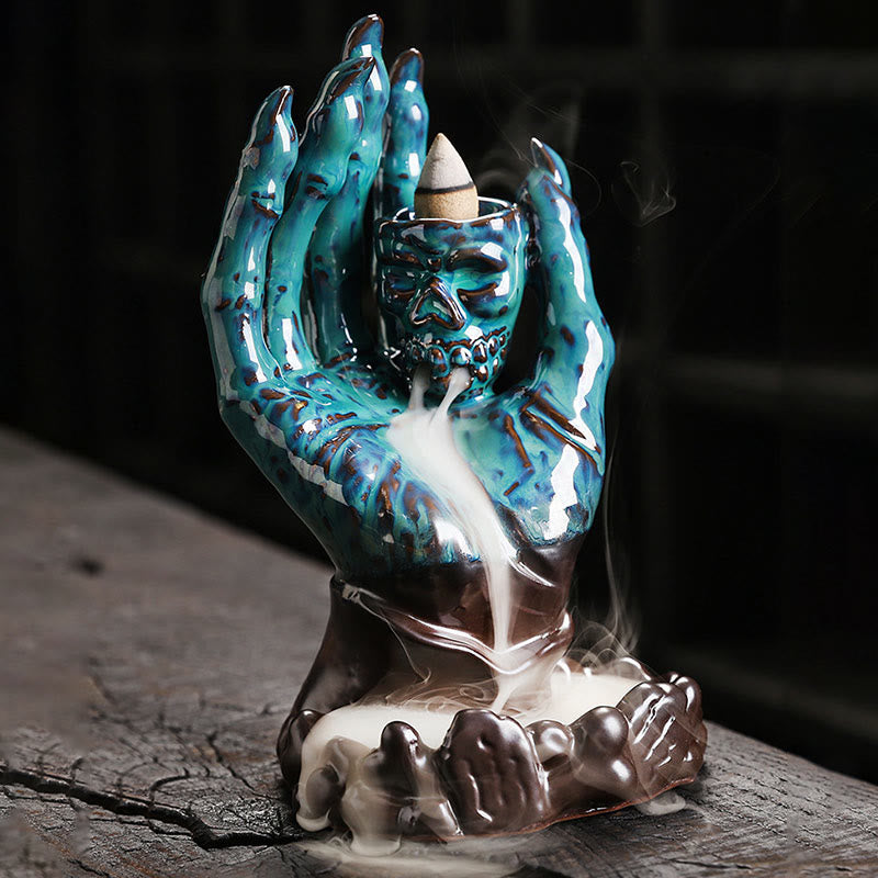 Quemador de incienso curativo de cerámica con cabeza de calavera y mano fantasma de Halloween , Buddha Stones, decoración