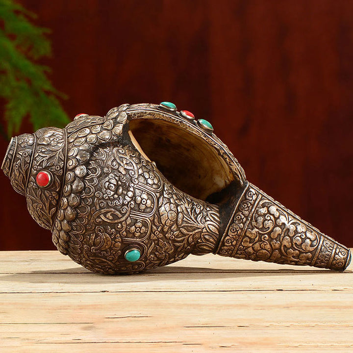 Shankha Natural hecho a mano tibetano grabado ocho símbolos auspiciosos Concha decoración del hogar de la suerte
