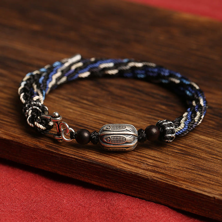 Pulsera de hilo trenzado con nudo de reencarnación de riqueza de peces Koi de plata de ley 925 con Buddha Stones