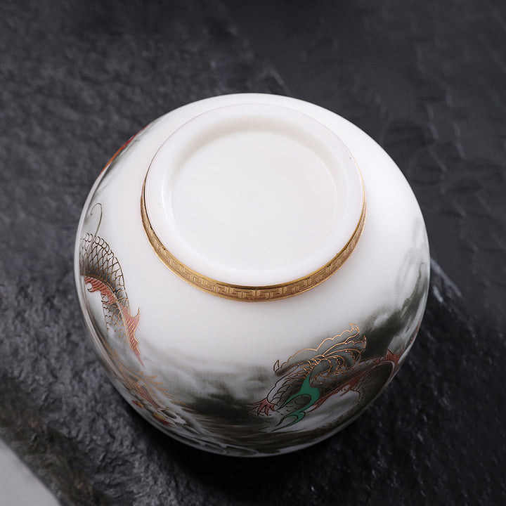 Taza de té de porcelana blanca de cerámica con calabaza dorada de dragón de Buddha Stones, taza de té de Kung Fu de 160ml