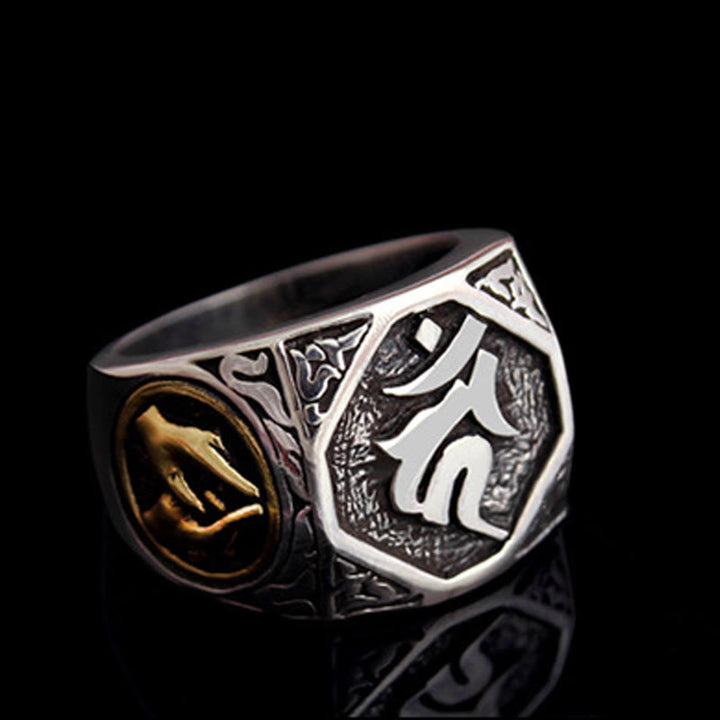 Anillo ajustable de protección tallada con diseño sánscrito de plata de ley 925 con Buddha Stones