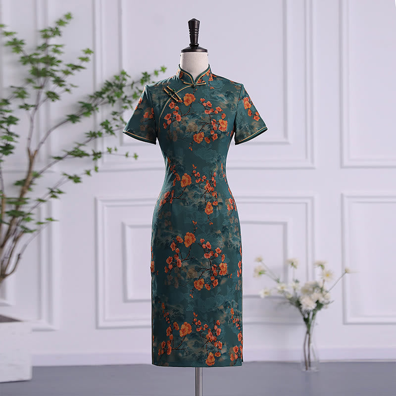 Vestido Cheongsam para mujer con estampado de plumas de peonía y flor de loto Retro con Buddha Stones - Flor verde - US16, UK/AU20, EU48 (5XL) - image 0