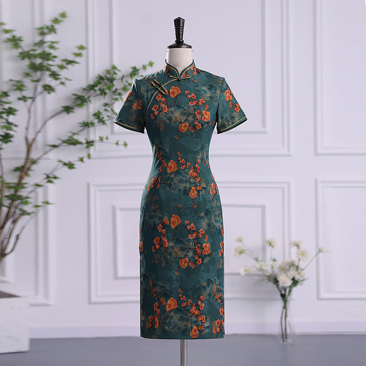 Vestido Cheongsam para mujer con estampado de plumas de peonía y flor de loto Retro con Buddha Stones - Flor verde - US16, UK/AU20, EU48 (5XL) - image 0