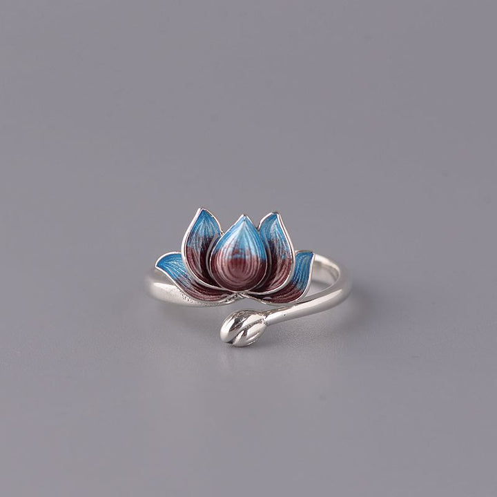 Anillo ajustable de flor de loto de plata de ley 925 con Buddha Stones
