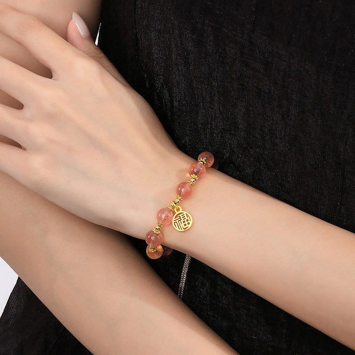 Pulsera con dije positivo de personaje Fu de cuarzo fresa natural chapado en oro de 14 quilates con Buddha Stones