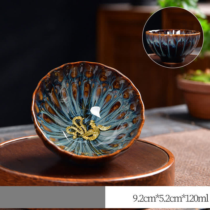 Tazas de té de cerámica con incrustaciones de Buddha Stones , loto, pavo real, dragón, fénix, pez koi, 120 ml - Oro - Fénix - image 14