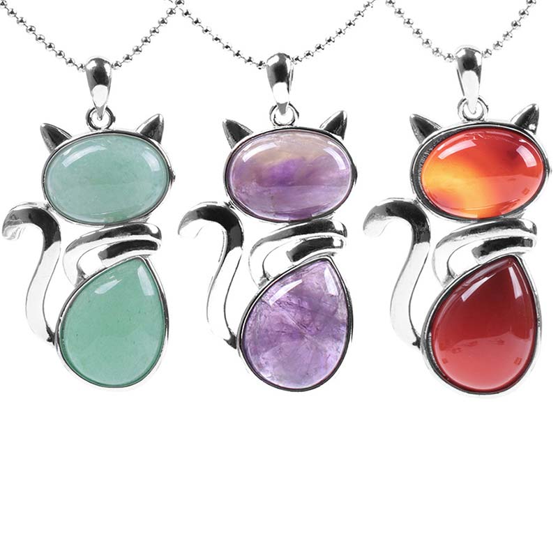 Colgante de collar de protección de cristal natural con diseño de gato de Buddha Stones - image 1