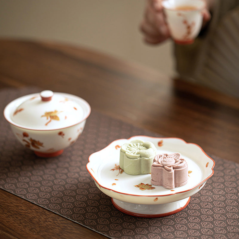 Taza de té y platillo con tapa, Gaiwan Sancai de cerámica, flores de porcelana blanca, Buddha Stones, Kung Fu
