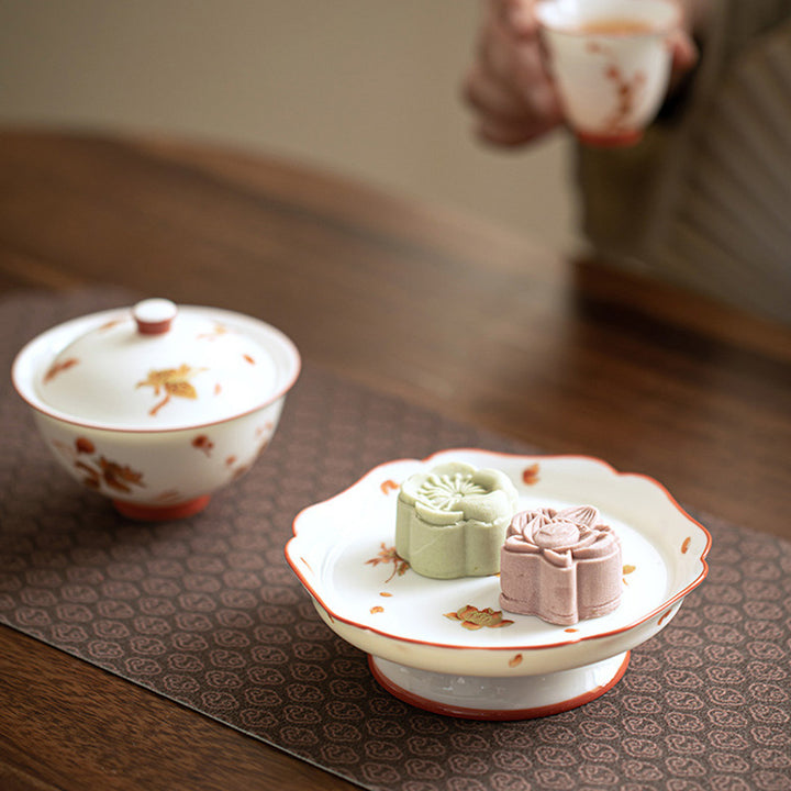 Taza de té y platillo con tapa, Gaiwan Sancai de cerámica, flores de porcelana blanca, Buddha Stones, Kung Fu