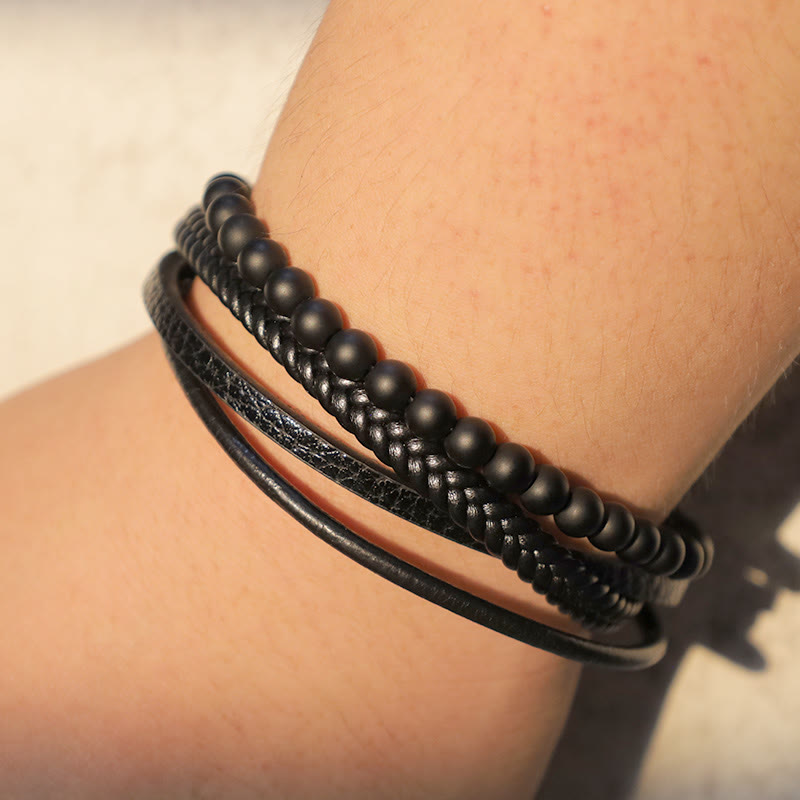 Pulsera de cuero con cuentas de ónix negro y roca de lava natural con Buddha Stones