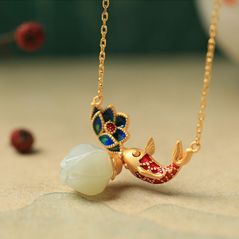 Collar con colgante de plata de ley 925 con Buddha Stones , jade blanco, pez koi y loto - image 3