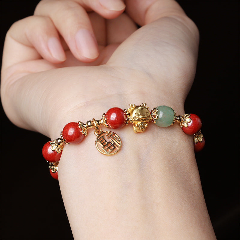 Buddha Stones Año del Dragón Cinabrio Natural Fu Carácter Charm Pulsera de Bendición