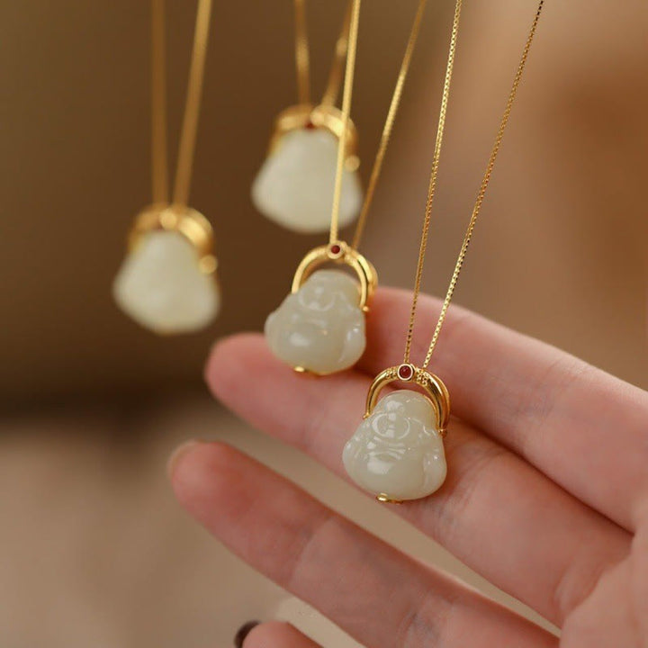 Buddha Stones de Plata de Ley 925, colgante de collar de cadena de abundancia de Buda sonriente de Jade Hetiano Natural - Jade Hetian (Prosperidad♥Abundancia) - image 0