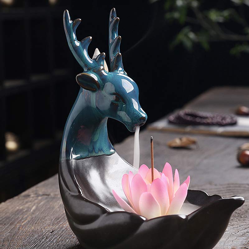 Quemador de incienso de meditación de loto de cerámica con pequeños ciervos de piedras de Buddha Stones , decoración