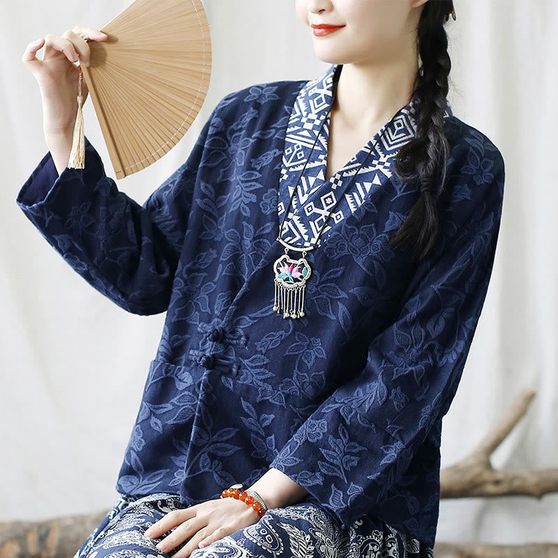 Chaqueta de manga larga con cuello en V y jacquard floral con Buddha Stones