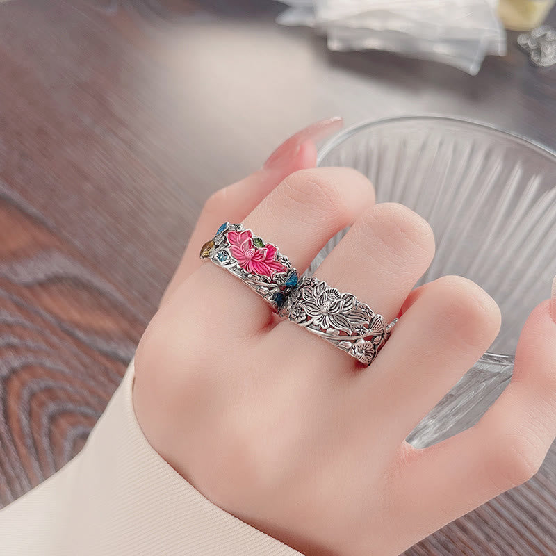 Anillo de prosperidad de flor de loto con pez koi de plata de ley 925 con Buddha Stones