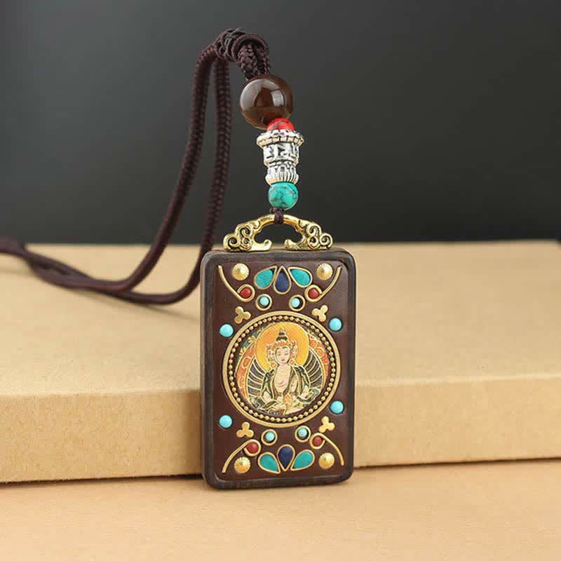 Colgante de collar de paz de ébano Thangka, dios de la riqueza del Tíbet, Buddha Stones