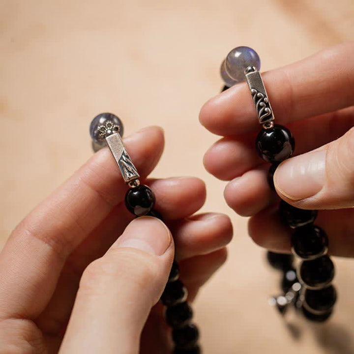 Pulsera de pareja de fuerza de piedra lunar de obsidiana de plata de ley 925
