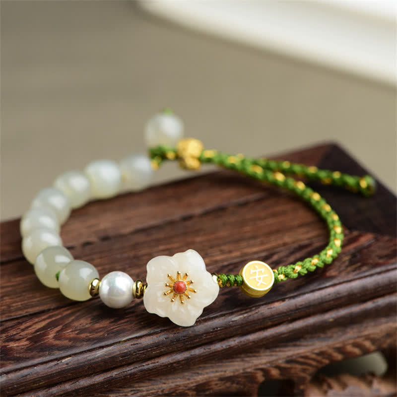 Pulsera de la suerte de flor de melocotón de jade hetiano natural de plata de ley 925 - Jade hetiano (prosperidad♥abundancia) - image 0