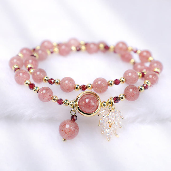 Pulsera de doble envoltura con dije de hoja de arce curativo de amor de cuarzo fresa natural