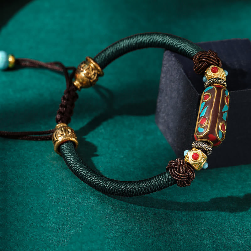 Pulsera trenzada de fuerza Om Mani Padme Hum de turquesa tibetana hecha a mano con Buddha Stones