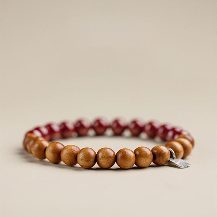 Pulsera de cinabrio de madera de melocotón de plata de ley 925 con Buddha Stones para protegerse de los malos espíritus