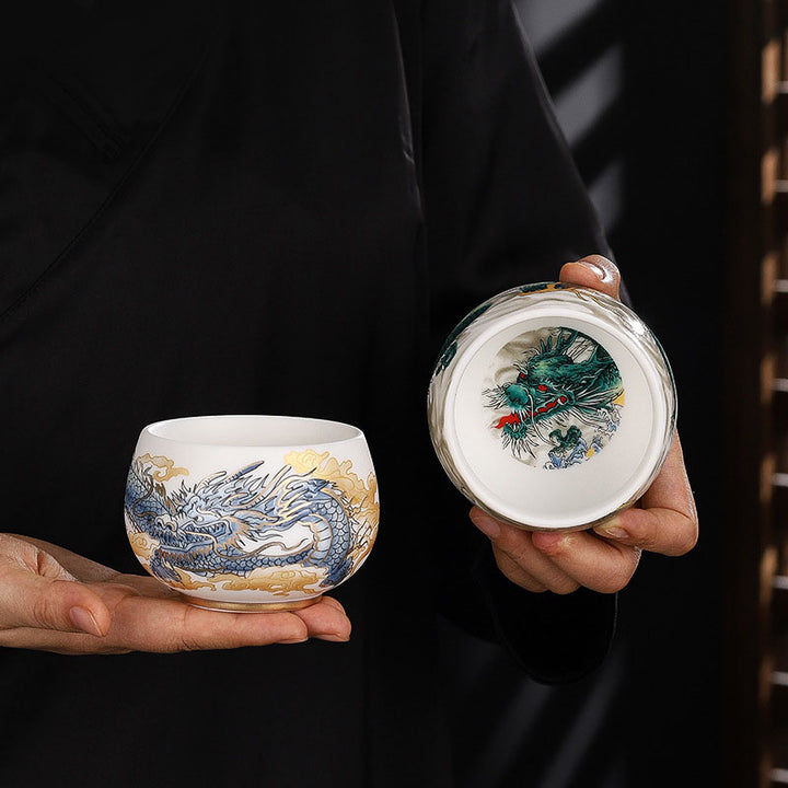 Buddha Stones, dragón, cigarra, bambú, ciervo, grulla, flor de loto, ciruela, taza de té de cerámica, taza de té de Kung Fu, tazón de 185ml