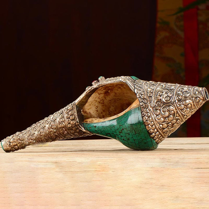 Tibetano hecho a mano grabado Shankha doble Dorje Buda Concha riqueza decoración positiva