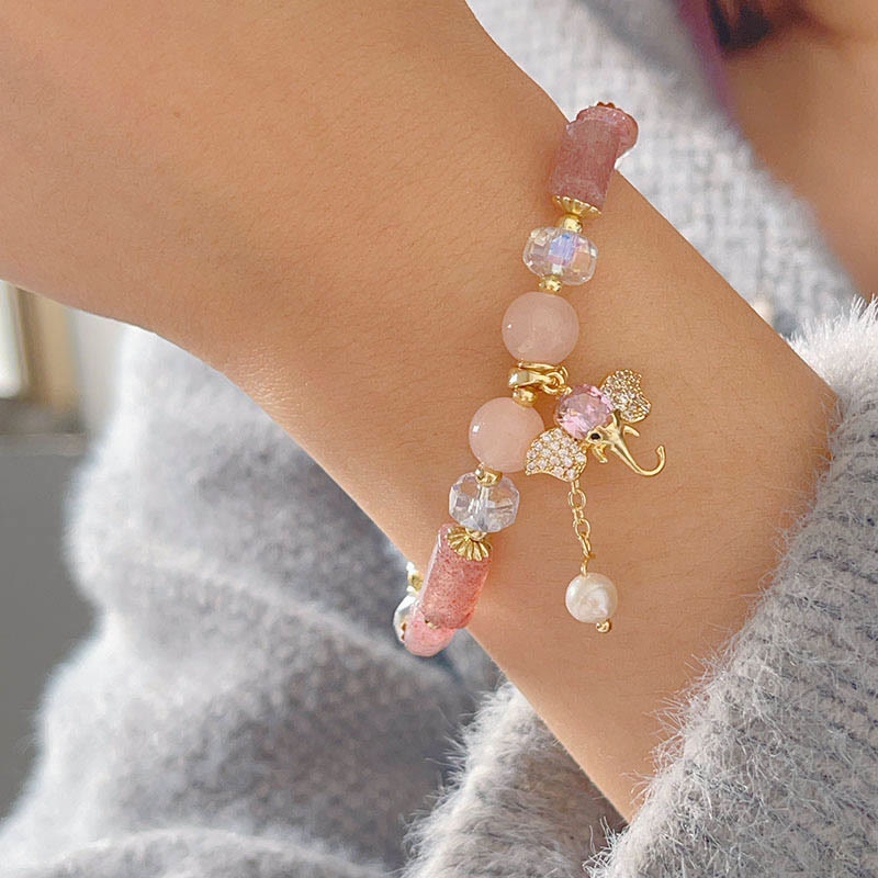 Pulsera con dije de elefante positivo, Buddha Stones , amatista, aventurina verde, cuarzo fresa
