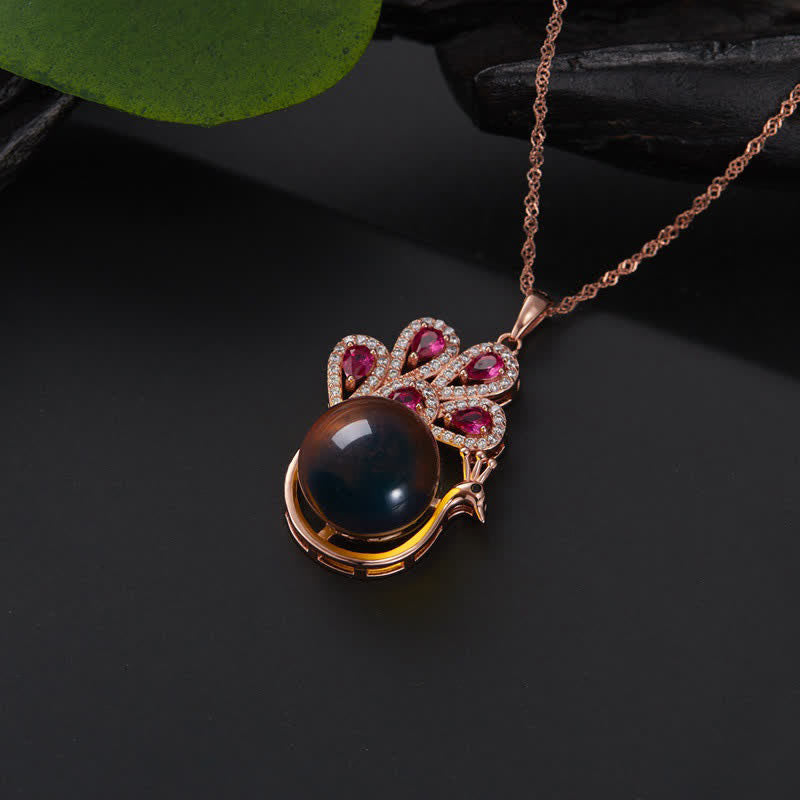 Anillo con colgante de collar de amor de fortuna de ámbar de pavo real