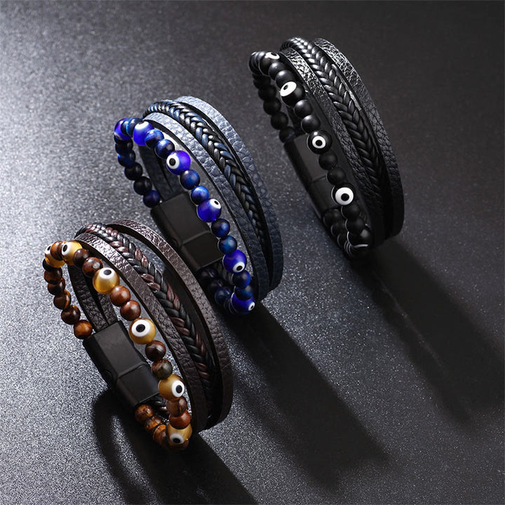 Pulsera trenzada multicapa con cuentas de protección de ojo de tigre de ojo malvado de Buddha Stones