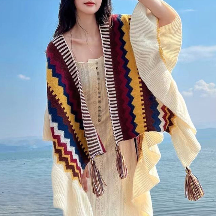 Mantón tibetano de Buddha Stones, bufanda de viaje acogedora de invierno con borlas de línea ondulada a rayas coloridas
