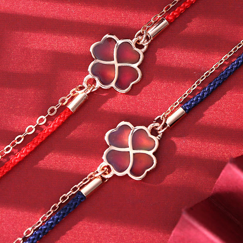 Pulsera de hilo rojo con protección de la suerte de trébol de cuatro hojas que cambia de color de plata de ley 925 con Buddha Stones