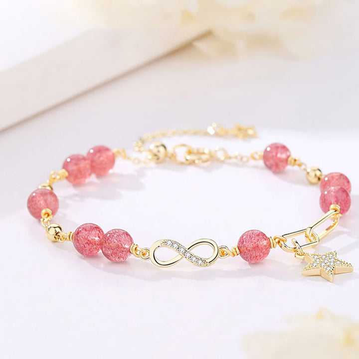 Buddha Stones chapadas en oro de 14 quilates, cuarzo fresa natural, piedra lunar, lazo de Möbius, pulsera positiva con estrella de amor eterno