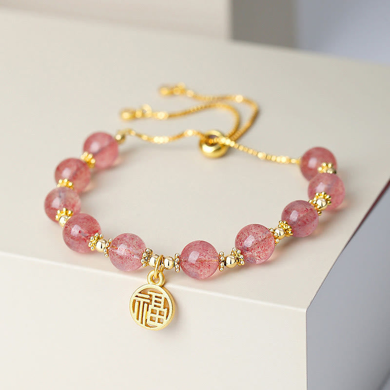 Pulsera con dije positivo de personaje Fu de cuarzo fresa natural chapado en oro de 14 quilates con Buddha Stones