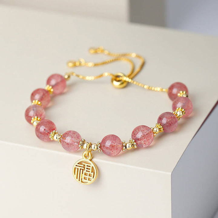 Pulsera con dije positivo de personaje Fu de cuarzo fresa natural chapado en oro de 14 quilates con Buddha Stones