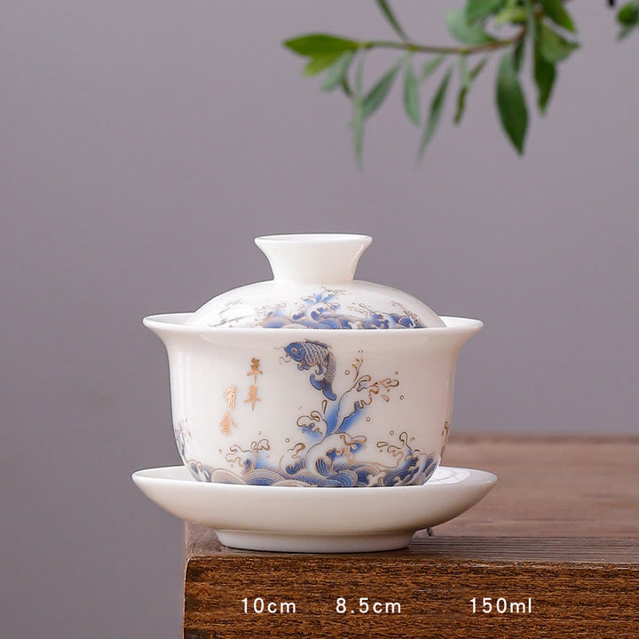 Taza de té y platillo con tapa, porcelana blanca, paisaje de montaña, campo, cerámica, Gaiwan, Kung Fu , Buddha Stones