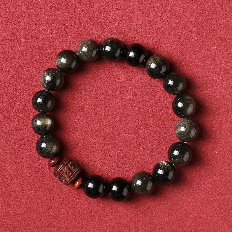 Pulsera curativa con carácter de obsidiana arcoíris de obsidiana con brillo de oro natural con Buddha Stones Om Mani Padme Hum Fu