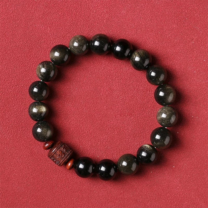 Pulsera curativa con carácter de obsidiana arcoíris de obsidiana con brillo de oro natural con Buddha Stones Om Mani Padme Hum Fu