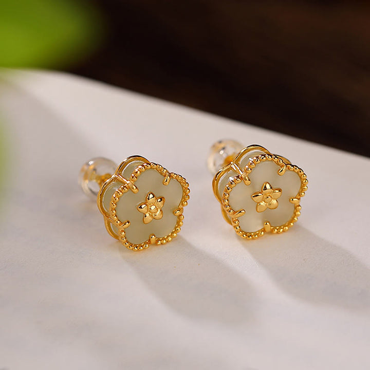 Pendientes de plata de ley 925 con Buddha Stones , jade hetiano y flor de ciruelo